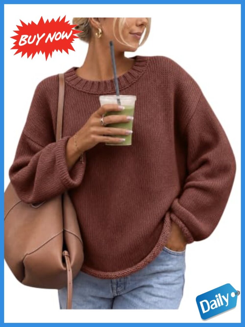 Long Sleeve Crewneck Pullover Sweater Cotton Acrylic Knit Top